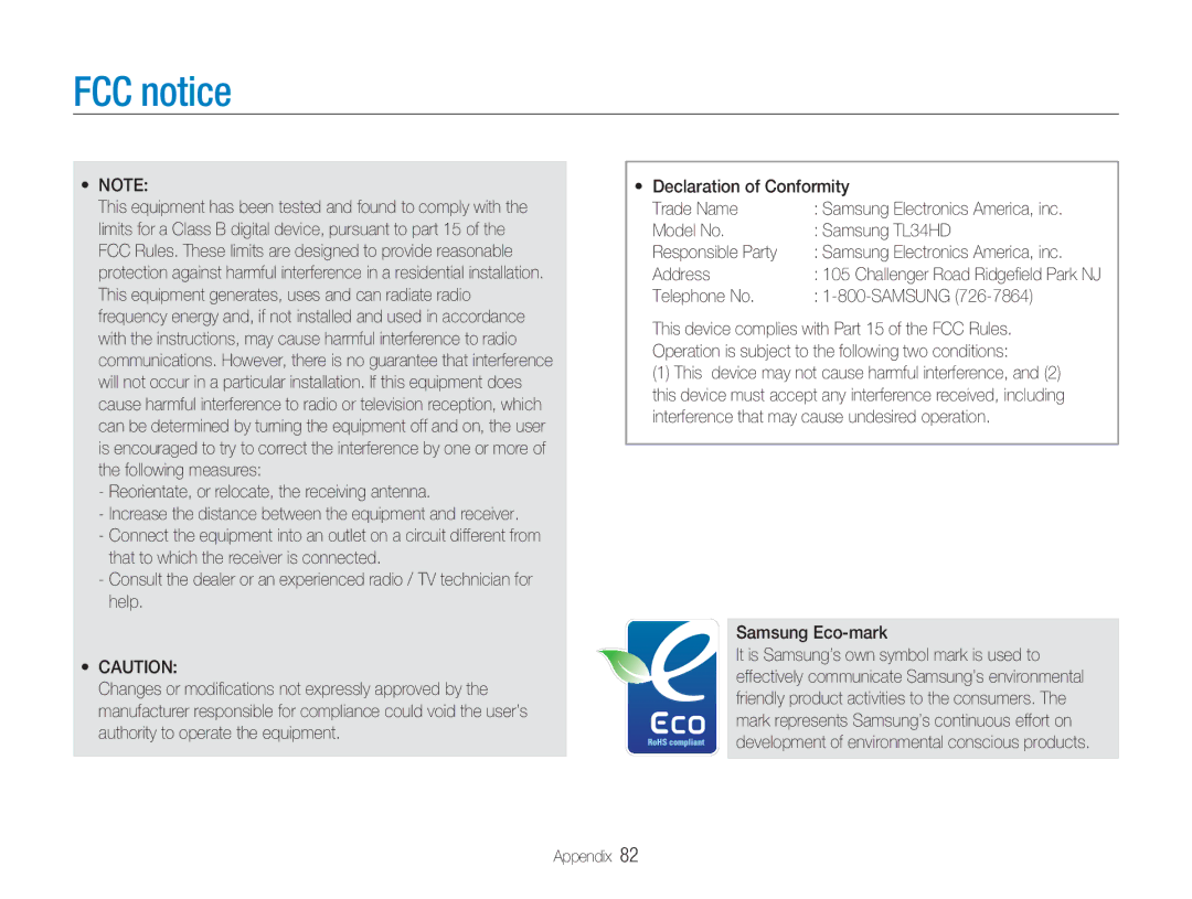 Samsung FCC notice, Model No Samsung TL34HD Responsible Party, Address, Telephone No Samsung, Samsung Eco-mark 