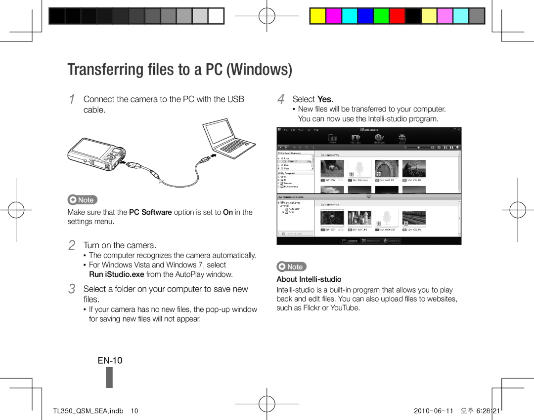 Samsung TL350 Transferring files to a PC Windows, EN-10, Connect the camera to the PC with the USB Select Yes Cable 