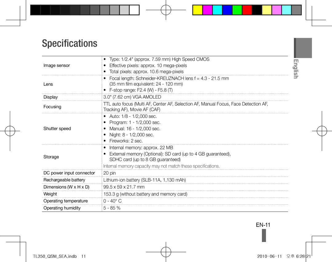 Samsung TL350 Specifications, EN-11, Type 1/2.4 approx .59 mm High Speed Cmos, Display Focusing Shutter speed Storage 