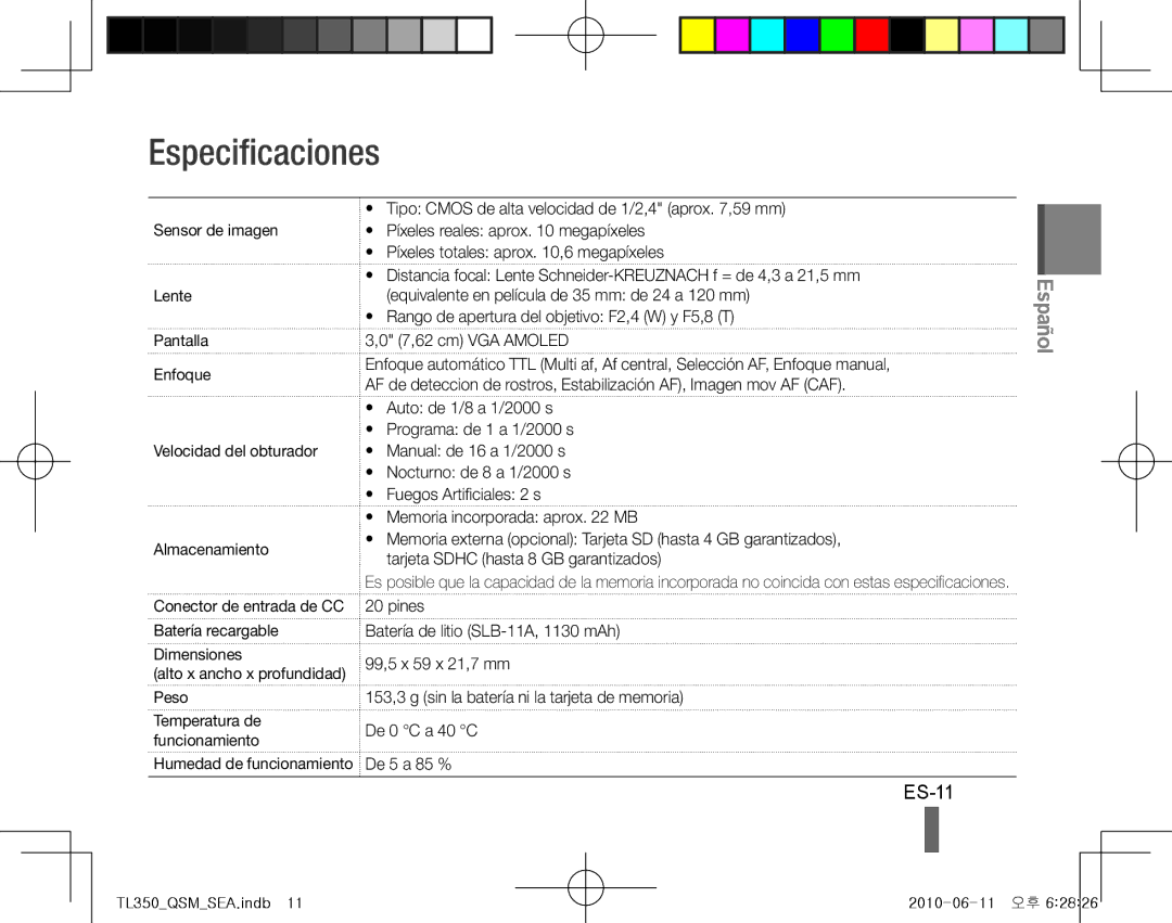 Samsung TL350 quick start manual Especificaciones, ES-11, Batería recargable Dimensiones, Peso 