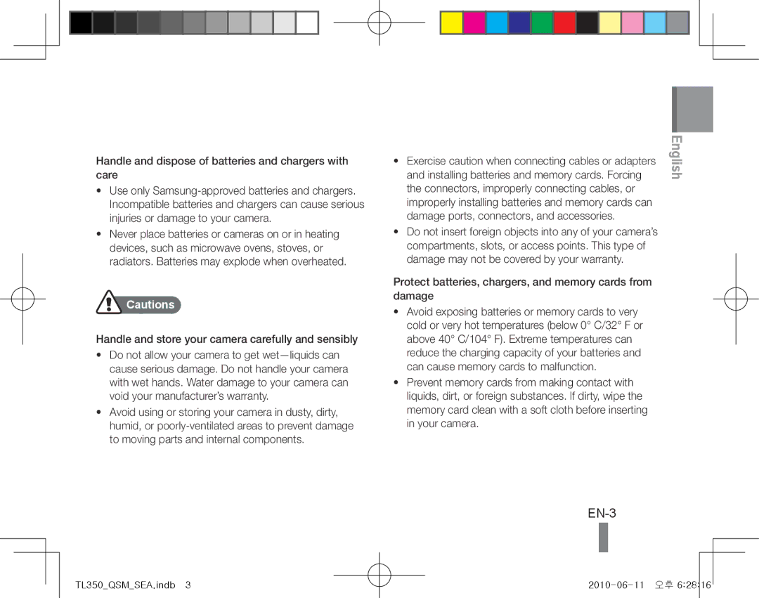 Samsung TL350 quick start manual EN-3, Protect batteries, chargers, and memory cards from damage 