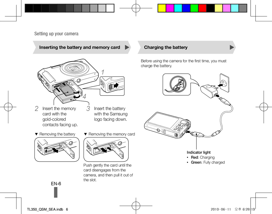 Samsung TL350 EN-6, Inserting the battery and memory card Charging the battery, Gold-colored, Contacts facing up 