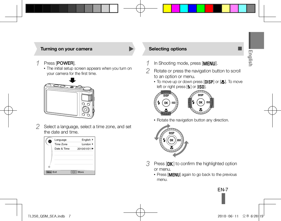 Samsung TL350 quick start manual EN-7, Turning on your camera, Press Power, To an option or menu 