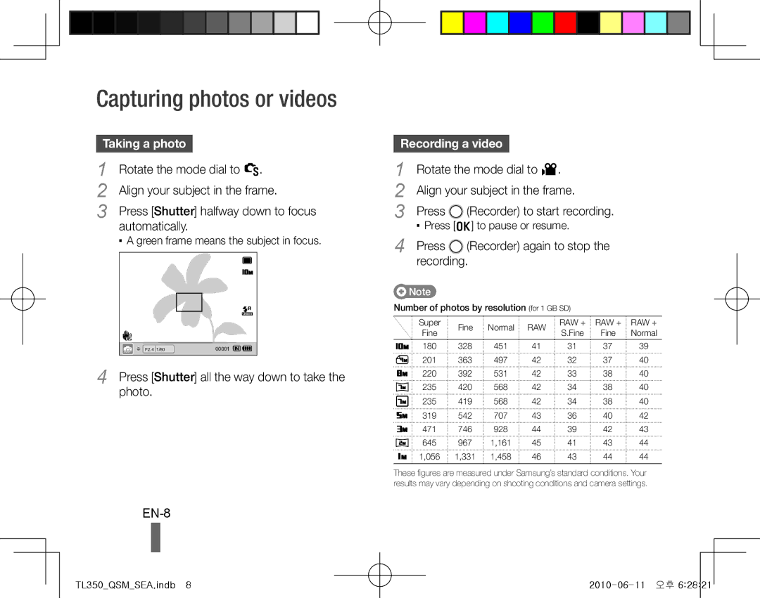 Samsung TL350 quick start manual Capturing photos or videos, EN-8, Taking a photo , Recording a video  