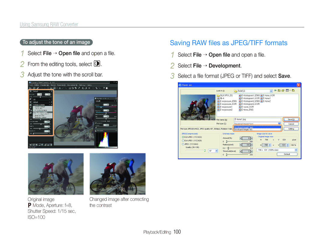 Samsung TL500 Saving RAW ﬁles as JPEG/TIFF formats, Adjust the tone with the scroll bar, To adjust the tone of an image 