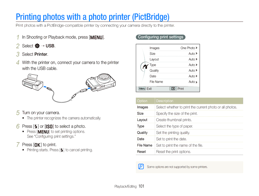 Samsung TL500 user manual Printing photos with a photo printer PictBridge, Press F or I to select a photo, Press o to print 