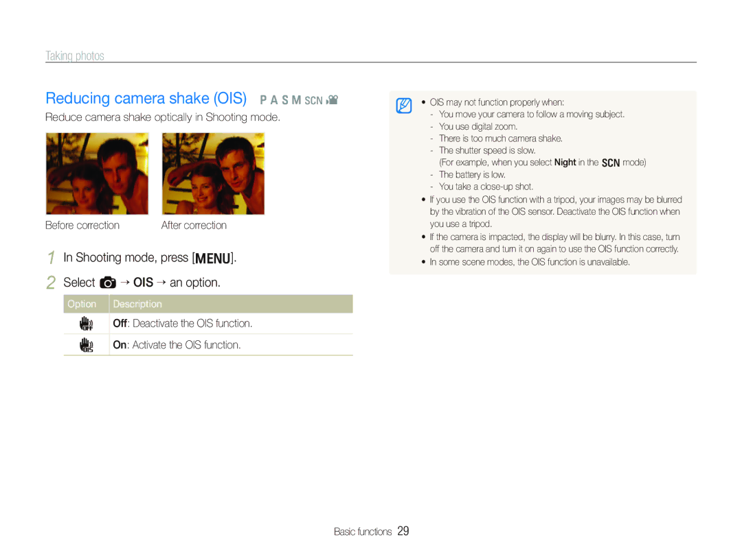 Samsung TL500 user manual Reducing camera shake OIS p a S M s, Shooting mode, press m Select a “ OIS “ an option 