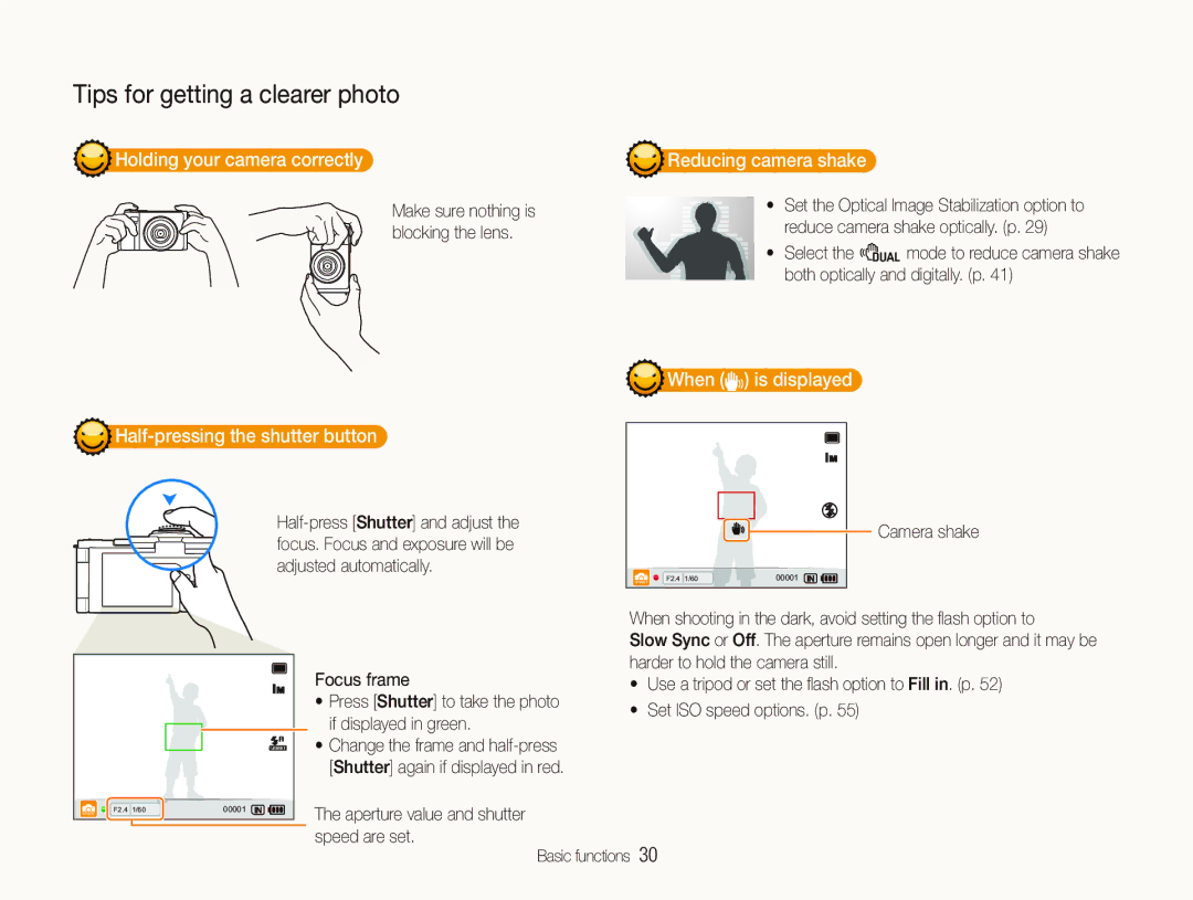 Samsung TL500 Holding your camera correctly, Half-pressing the shutter button, Reducing camera shake, When is displayed 