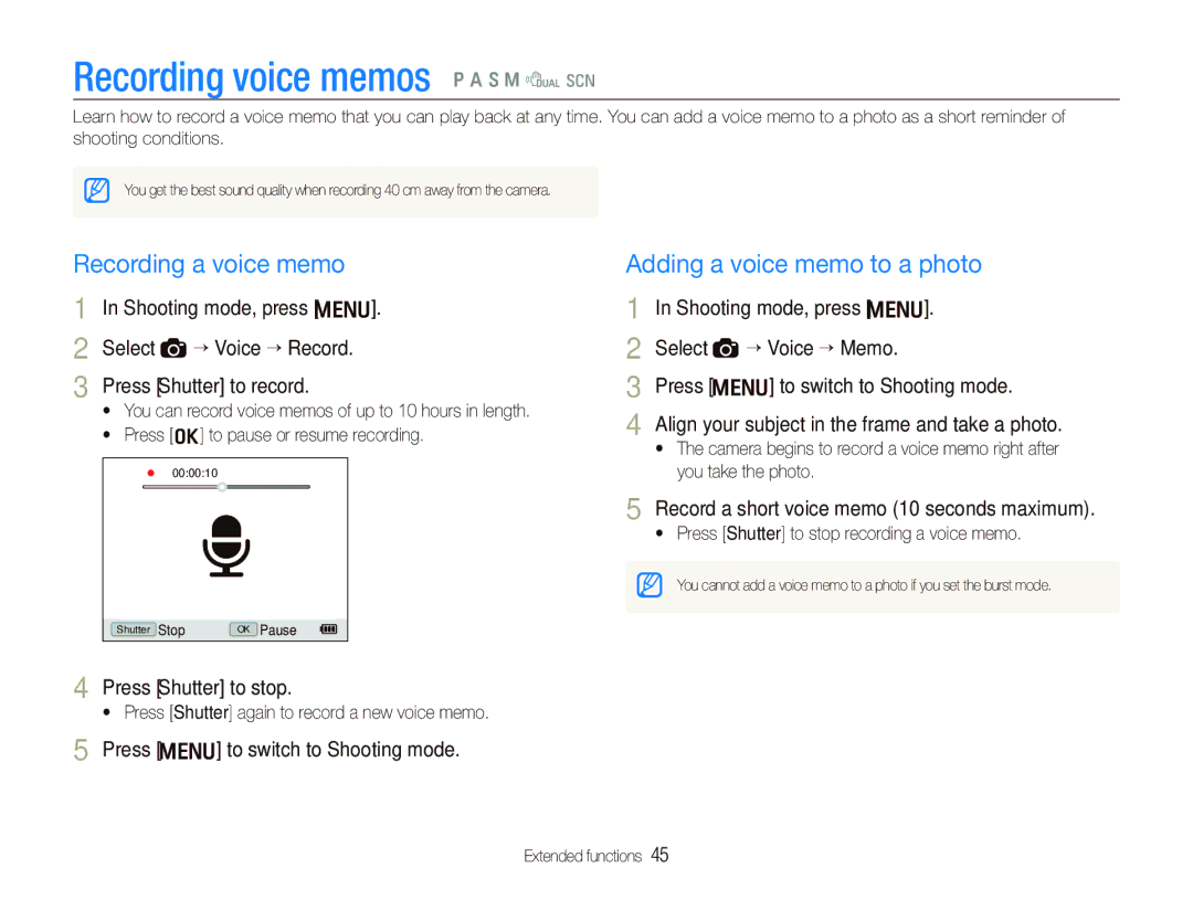 Samsung TL500 user manual Recording voice memos p a S M d s, Recording a voice memo, Adding a voice memo to a photo 