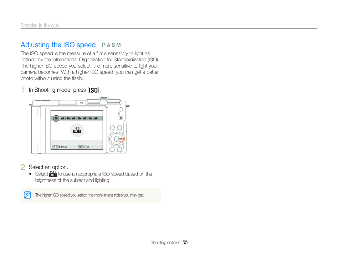 Samsung TL500 user manual Adjusting the ISO speed p a S M, Shooting mode, press 