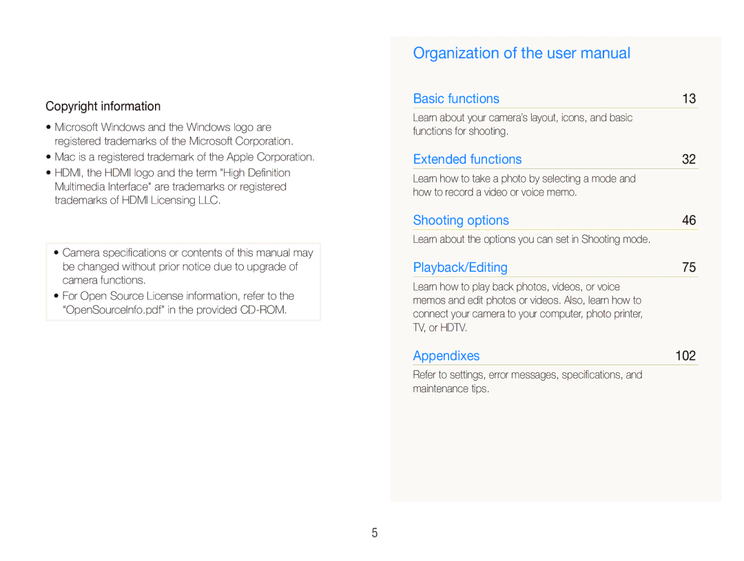 Samsung TL500 user manual Copyright information, 102 