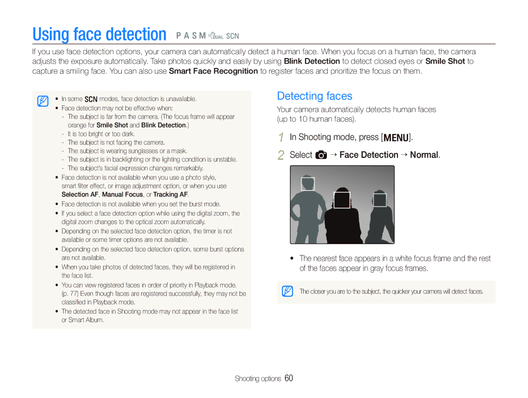 Samsung TL500 Using face detection p a S M d s, Detecting faces, Shooting mode, press m Select a “ Face Detection “ Normal 