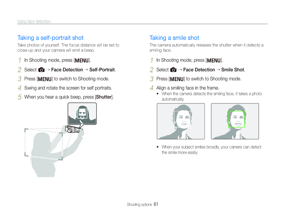 Samsung TL500 Taking a self-portrait shot, Taking a smile shot, Using face detection, Align a smiling face in the frame 