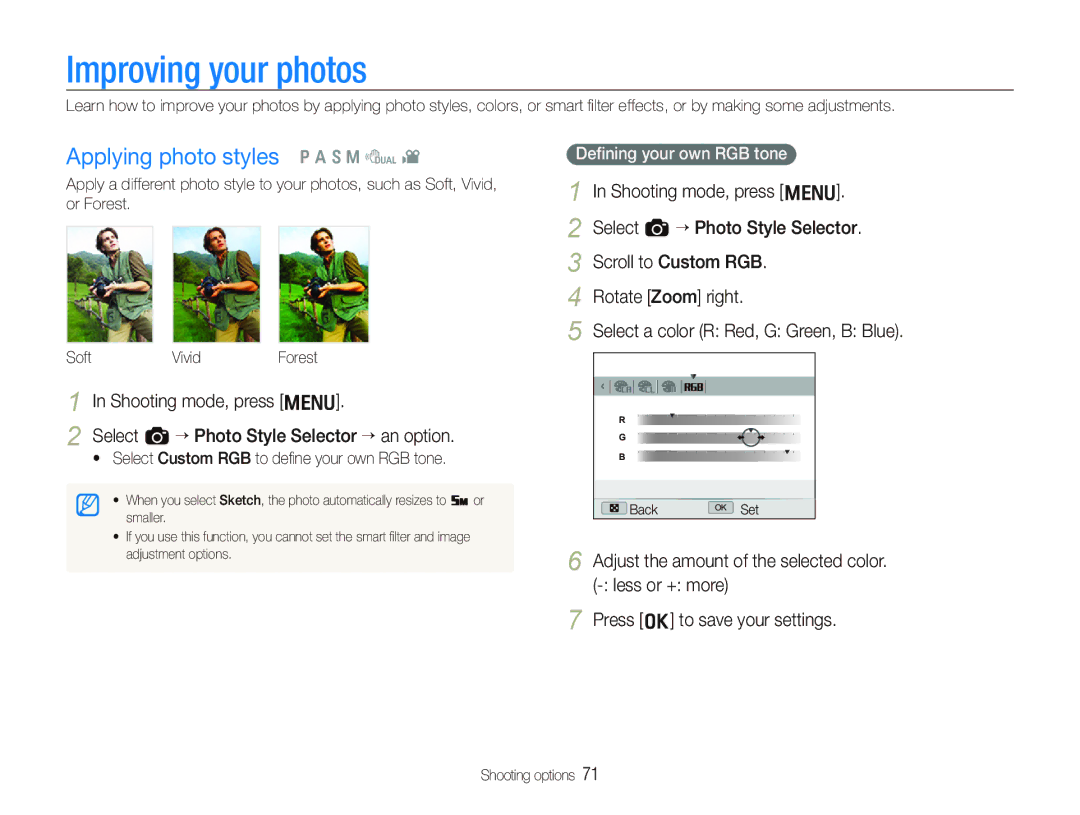 Samsung TL500 Improving your photos, Applying photo styles p a S M d, Select a ““Photo Style Selector “ an option 