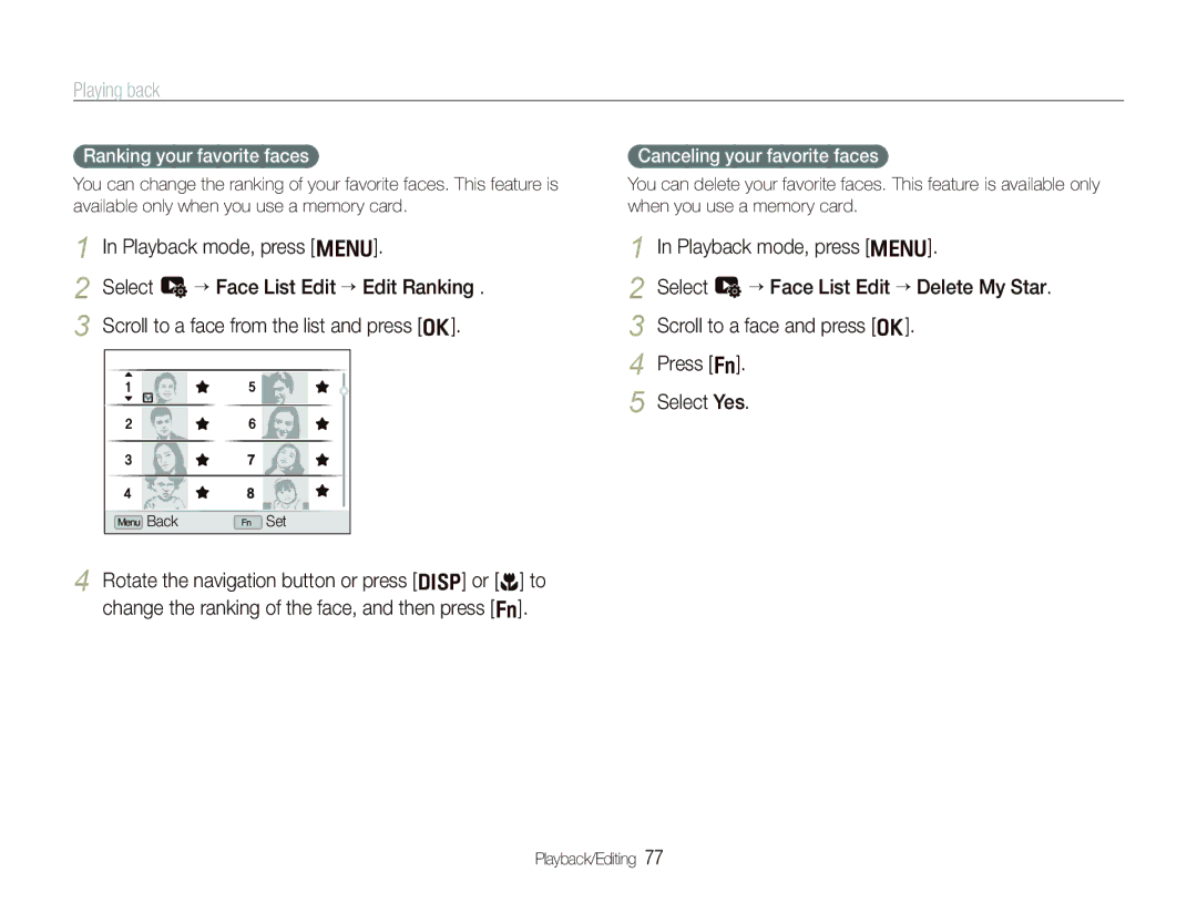 Samsung TL500 user manual Playing back, Playback mode, press m, Ranking your favorite faces, Canceling your favorite faces 