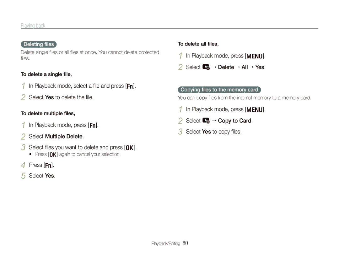 Samsung TL500 user manual Press f Select Yes, Playback mode, press m Select u “ Delete “ All “ Yes, Deleting ﬁles 