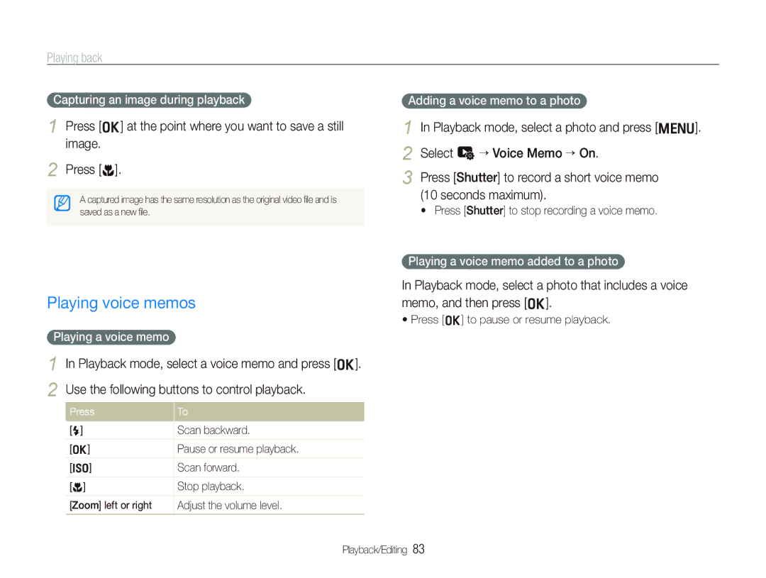 Samsung TL500 user manual Playing voice memos, Capturing an image during playback, Playing a voice memo added to a photo 