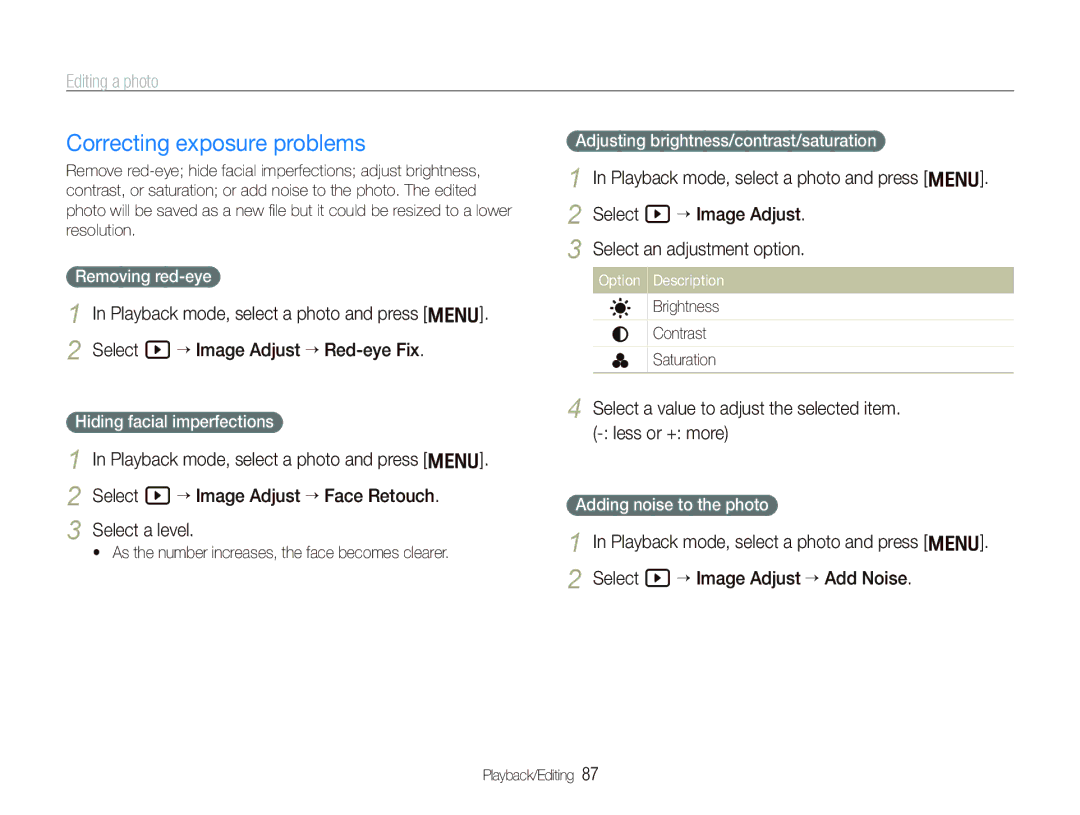 Samsung TL500 user manual Correcting exposure problems, Select a value to adjust the selected item. less or + more 