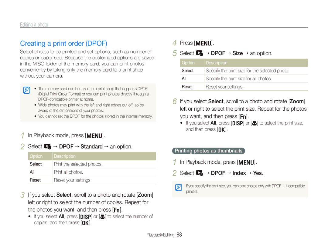 Samsung TL500 Creating a print order Dpof, Select u “ Dpof “ Standard “ an option, Photos you want, and then press f 