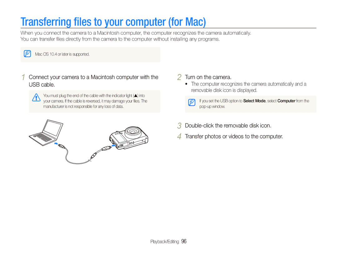 Samsung TL500 user manual Transferring ﬁles to your computer for Mac 