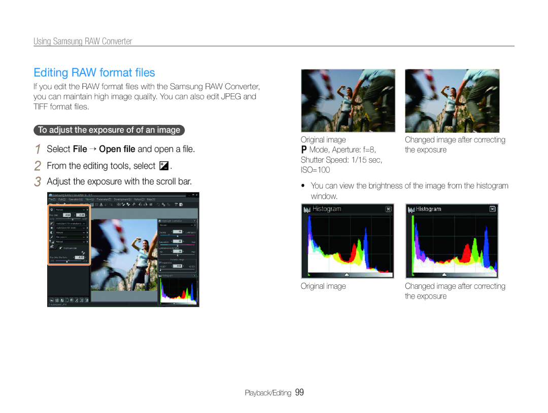 Samsung TL500 Editing RAW format ﬁles, Adjust the exposure with the scroll bar, To adjust the exposure of of an image 