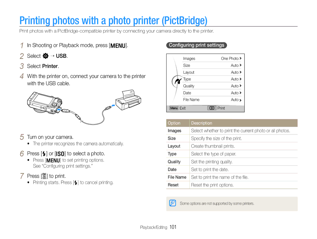 Samsung TL500 user manual Printing photos with a photo printer PictBridge, Press F or I to select a photo, Press o to print 