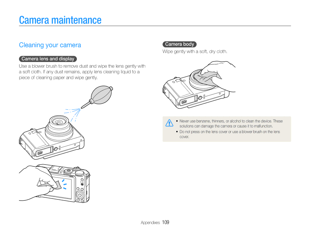 Samsung TL500 user manual Camera maintenance, Cleaning your camera, Camera lens and display, Camera body 