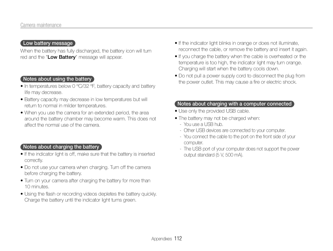 Samsung TL500 user manual Low battery message 