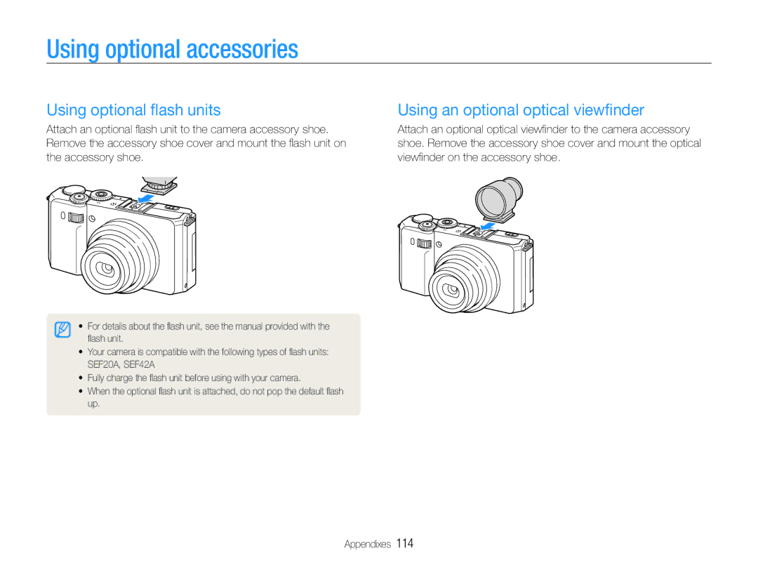 Samsung TL500 user manual Using optional accessories, Using optional ﬂash units, Using an optional optical viewﬁnder 