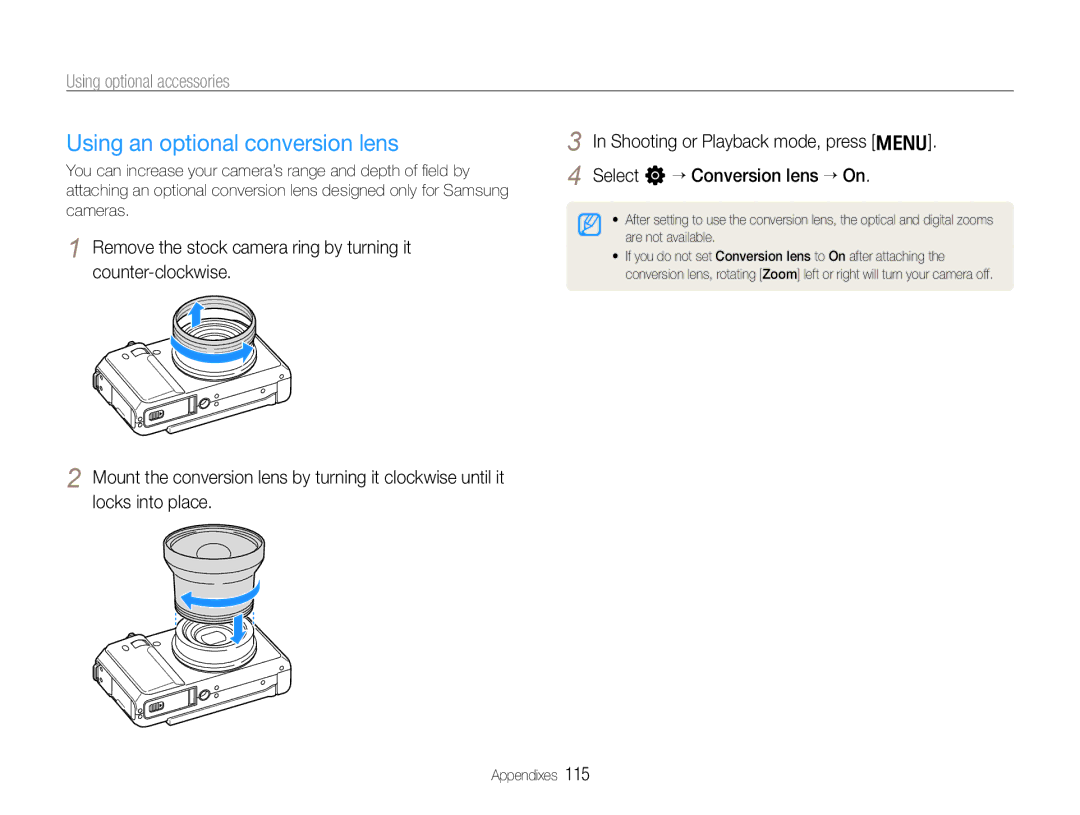 Samsung TL500 user manual Using an optional conversion lens, Using optional accessories 