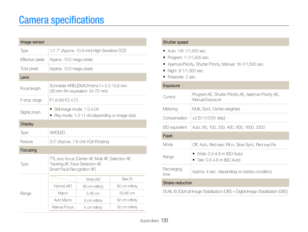 Samsung TL500 user manual Camera speciﬁcations 