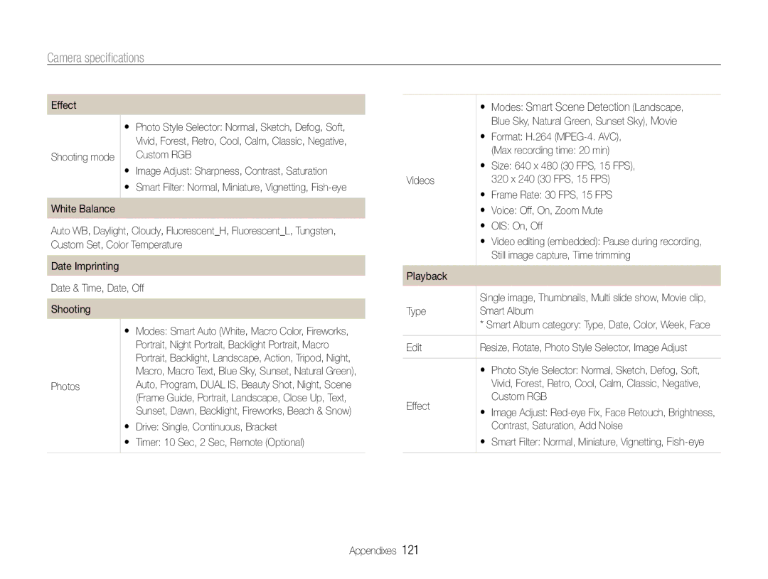 Samsung TL500 user manual Camera speciﬁcations 