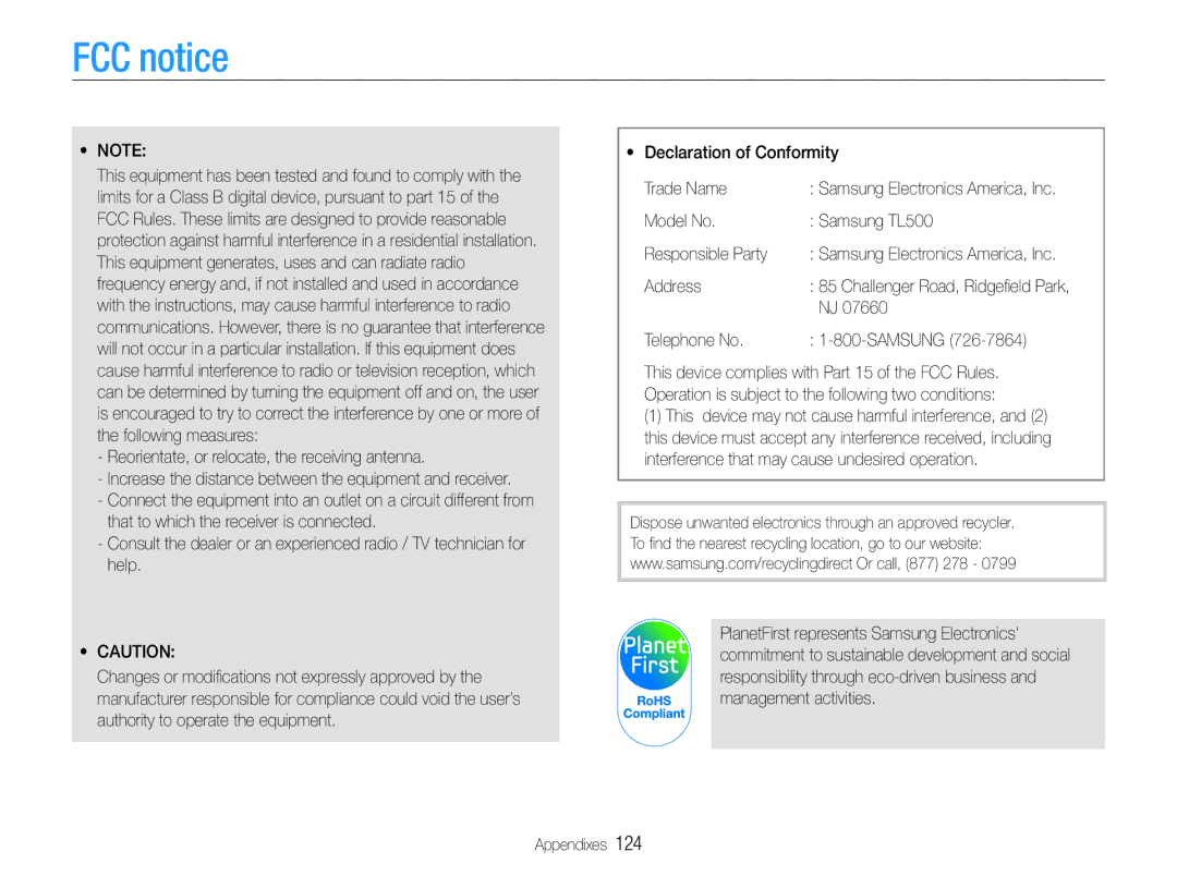 Samsung user manual FCC notice,  Note, Model No Samsung TL500 Responsible Party, Address, Telephone No Samsung 