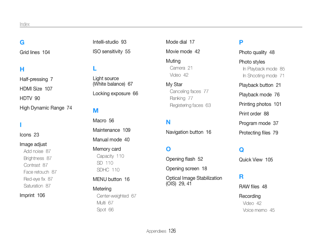 Samsung TL500 user manual Index 