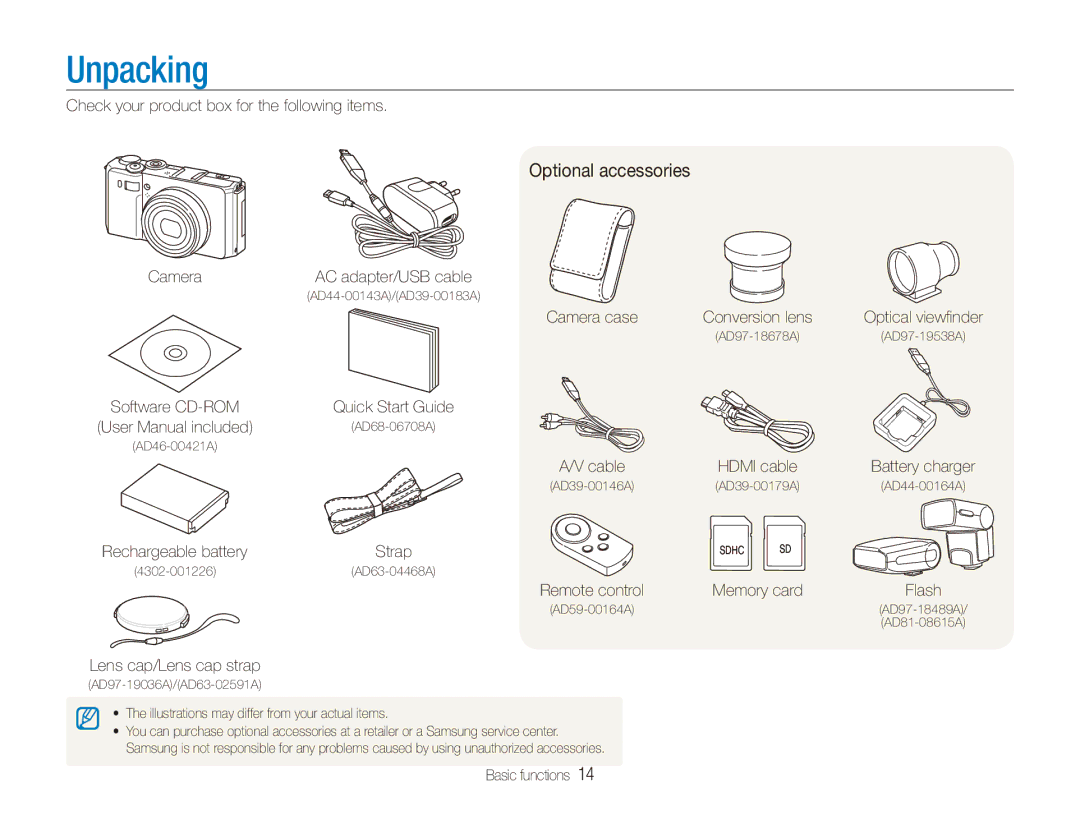 Samsung TL500 Unpacking, Optional accessories, Check your product box for the following items, Lens cap/Lens cap strap 