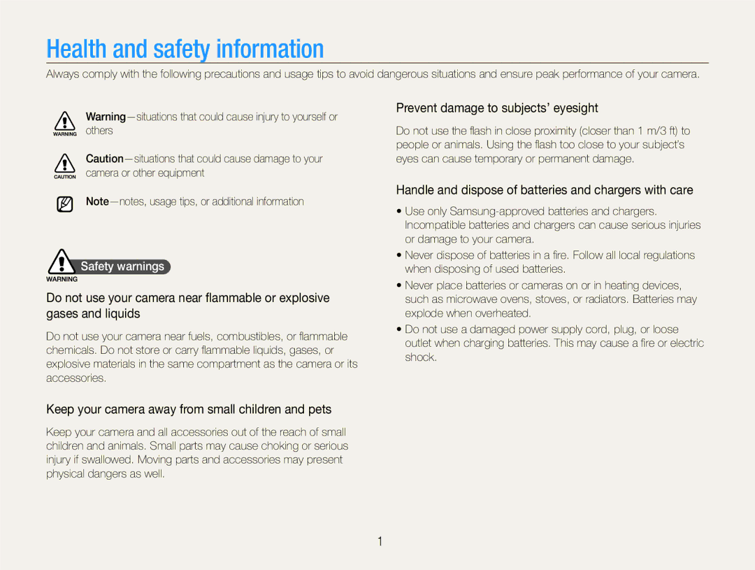 Samsung TL500 user manual Health and safety information, Prevent damage to subjects’ eyesight, Safety warnings 