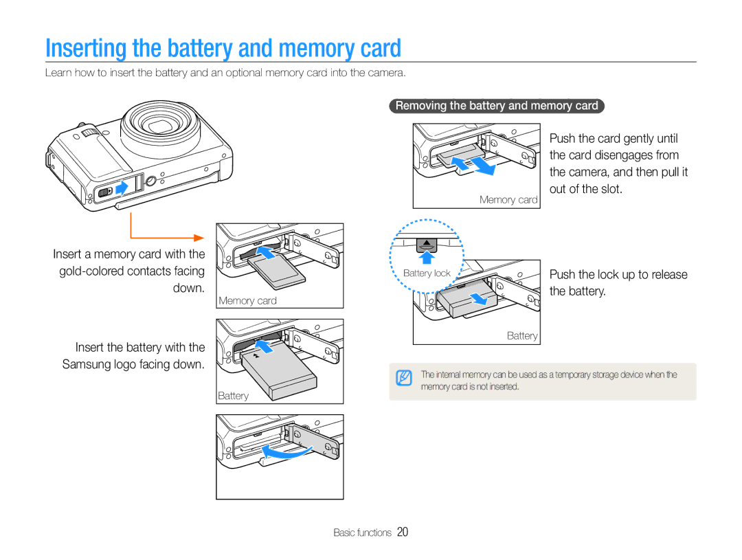 Samsung TL500 user manual Inserting the battery and memory card, Insert the battery with Samsung logo facing down, Battery 