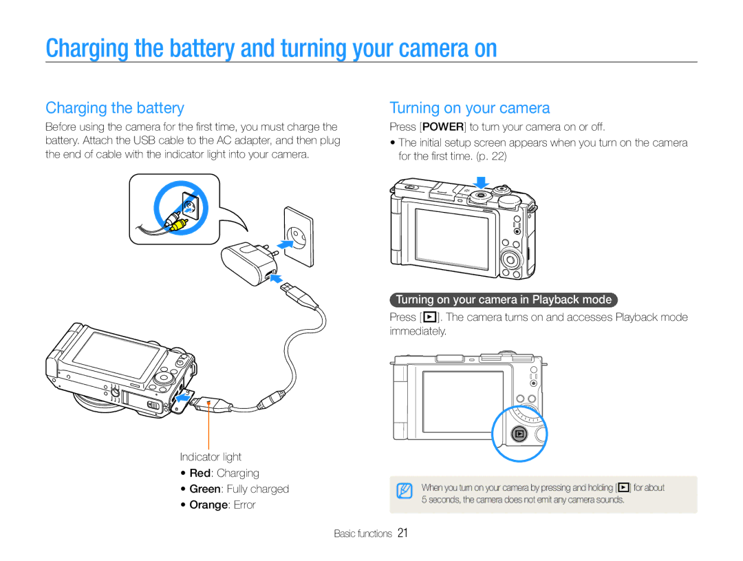 Samsung TL500 user manual Charging the battery and turning your camera on, Turning on your camera 