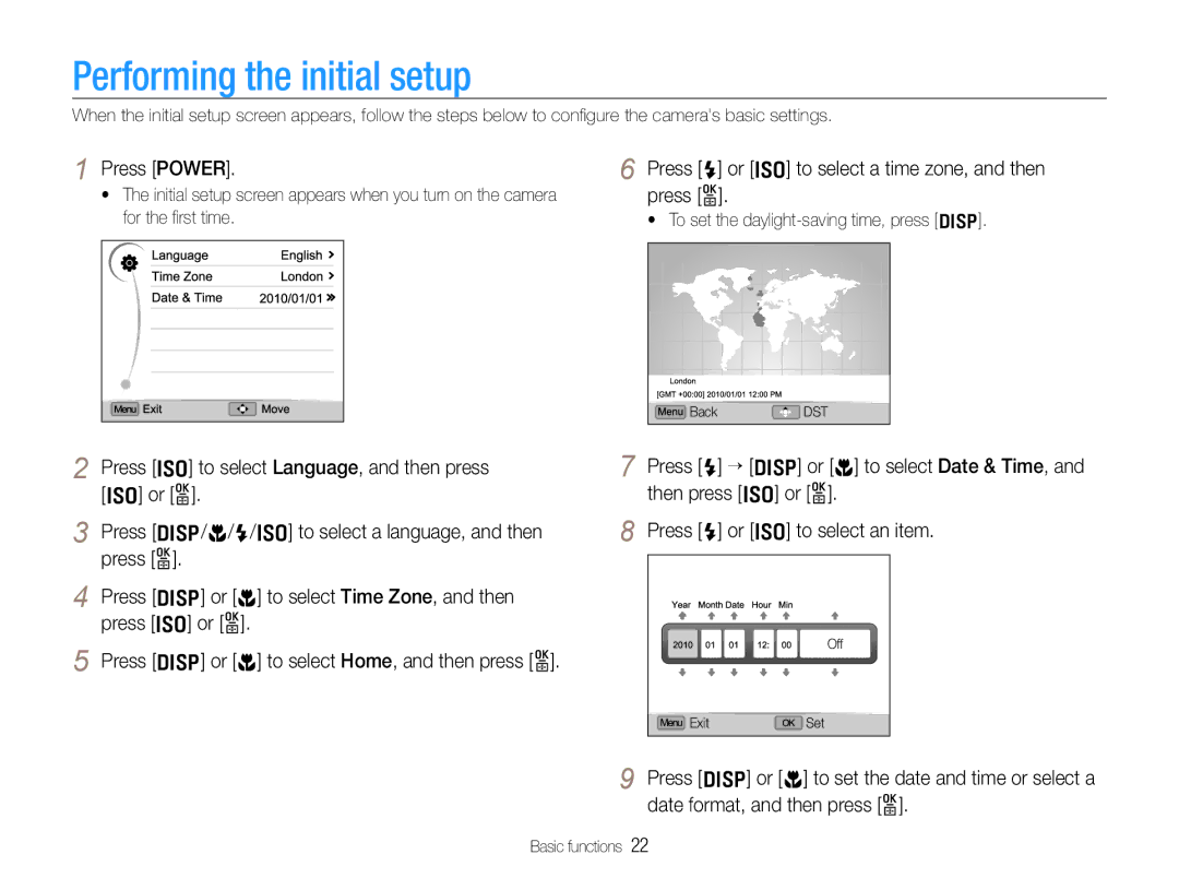 Samsung TL500 user manual Performing the initial setup, Press Power, Press F or I to select a time zone, and then press o 