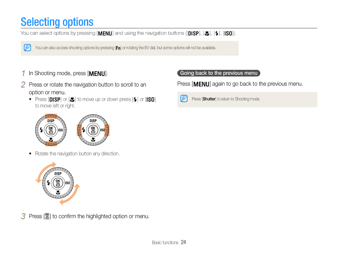 Samsung TL500 user manual Selecting options, Press m again to go back to the previous menu, Going back to the previous menu 