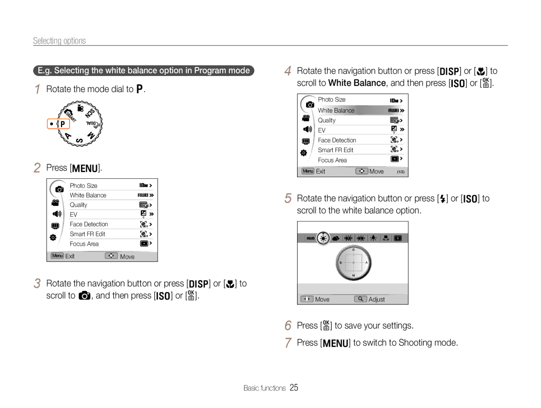 Samsung TL500 user manual Selecting options, Rotate the mode dial to p Press m, Press o to save your settings 