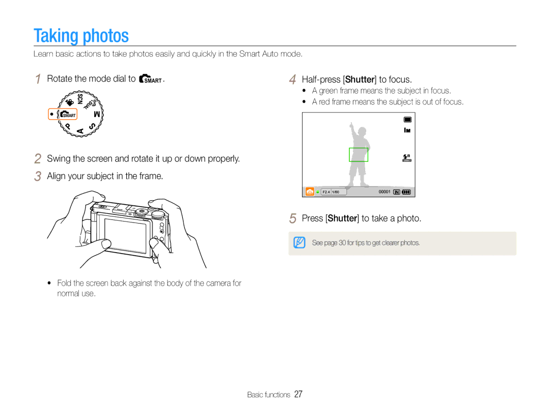 Samsung TL500 user manual Taking photos, Press Shutter to take a photo 