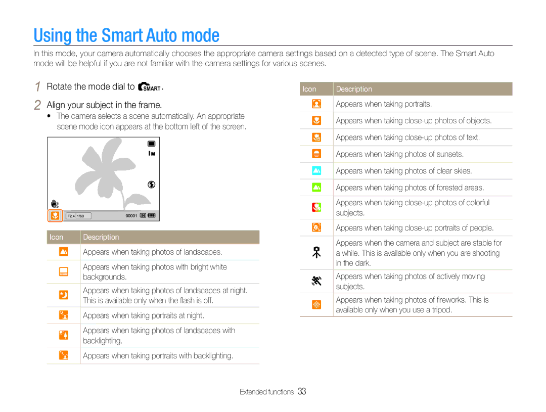 Samsung TL500 user manual Using the Smart Auto mode, Rotate the mode dial to t Align your subject in the frame 