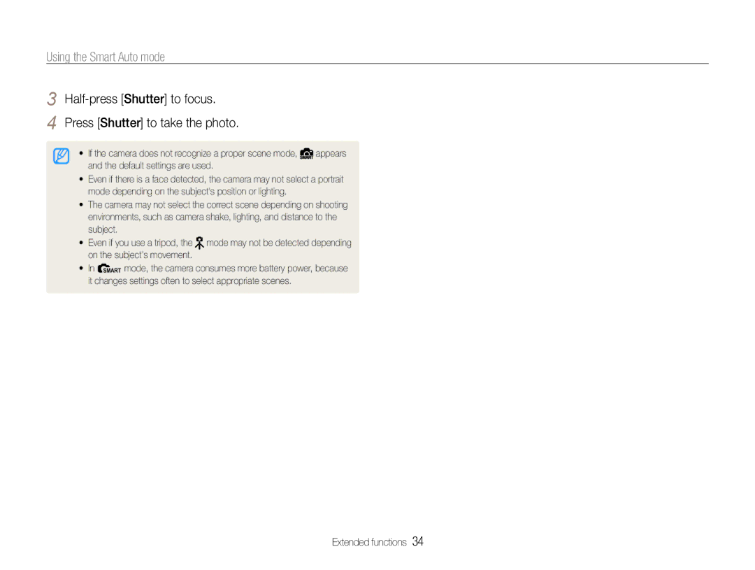 Samsung TL500 user manual Using the Smart Auto mode, Half-press Shutter to focus Press Shutter to take the photo 