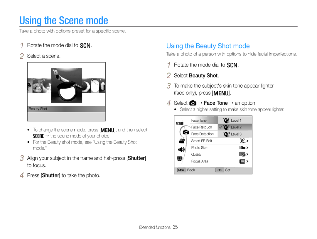 Samsung TL500 user manual Using the Scene mode, Using the Beauty Shot mode, Rotate the mode dial to s Select a scene 