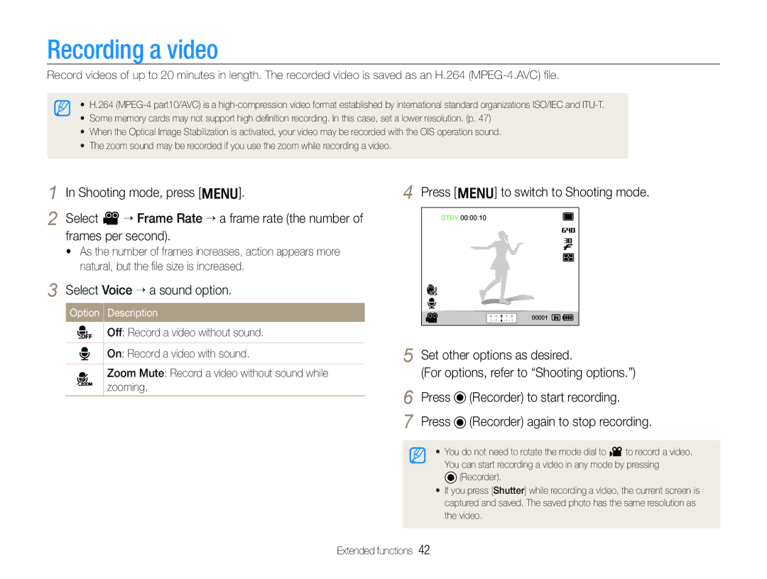 Samsung TL500 user manual Recording a video, Select Voice ““a sound option, Press Recorder to start recording 