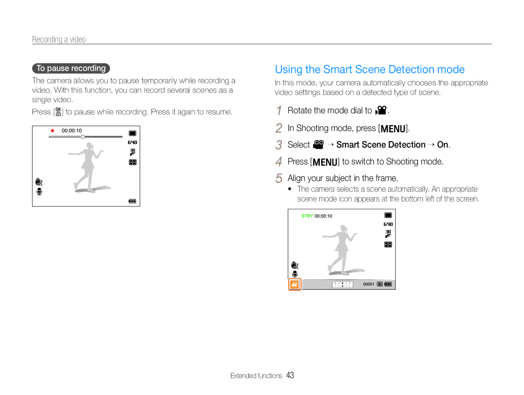 Samsung TL500 user manual Using the Smart Scene Detection mode, Recording a video, To pause recording 