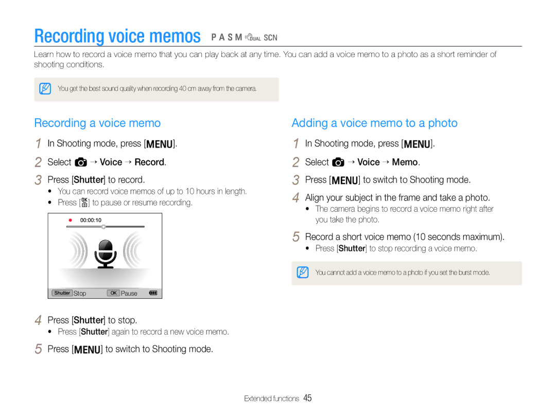 Samsung TL500 user manual Recording voice memos p a S M d s, Recording a voice memo, Adding a voice memo to a photo 