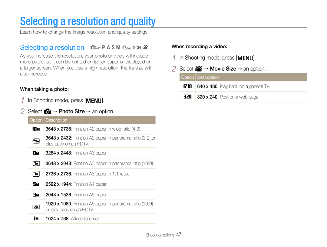 Samsung TL500 user manual Selecting a resolution and quality, Selecting a resolution t p a S M d s 