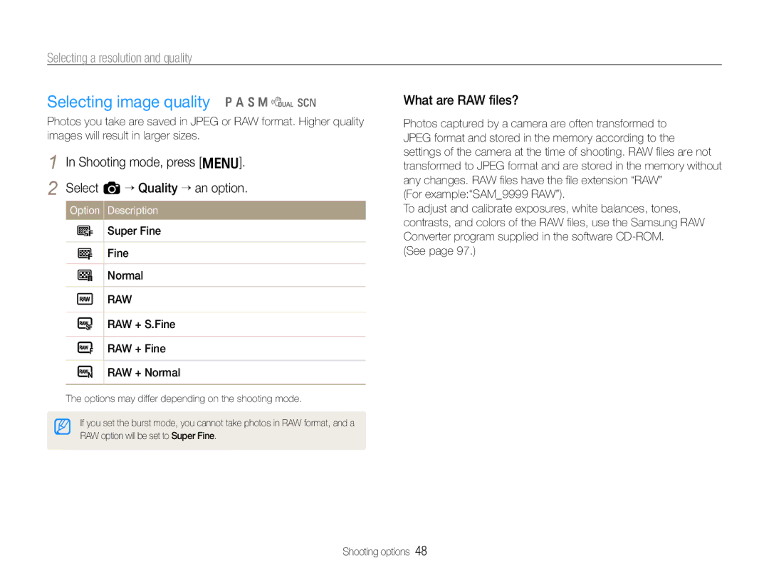 Samsung TL500 user manual Selecting image quality p a S M d s, Selecting a resolution and quality, What are RAW ﬁles? 